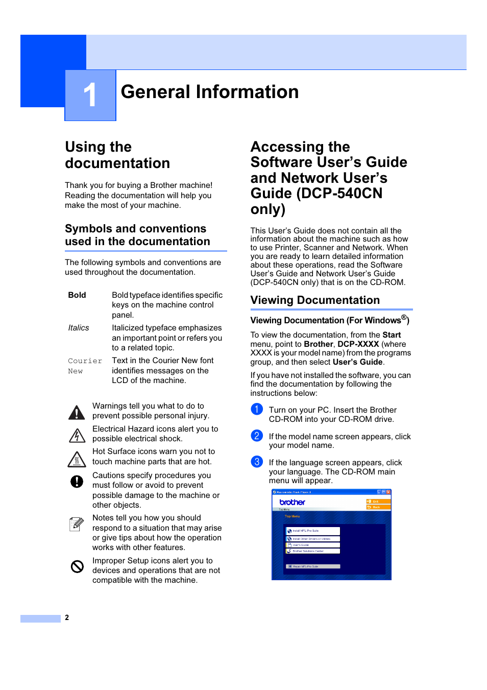 1 general information, Using the documentation, Symbols and conventions used in the documentation | Viewing documentation, Viewing documentation (for windows®), General information, Only) | Brother DCP-540CN User Manual | Page 8 / 105