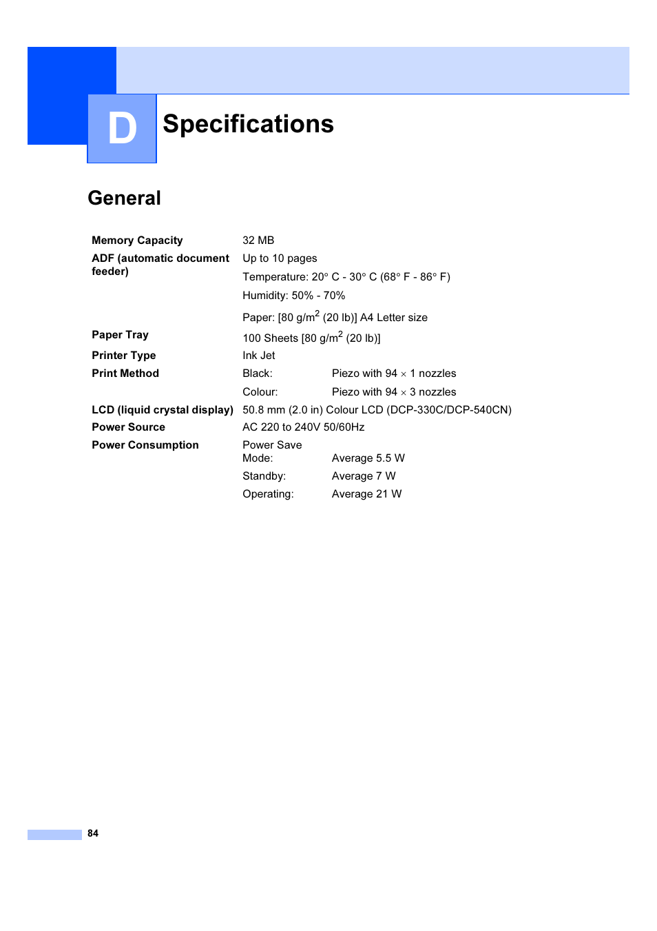 D specifications, General, Specifications | Brother DCP-540CN User Manual | Page 90 / 105