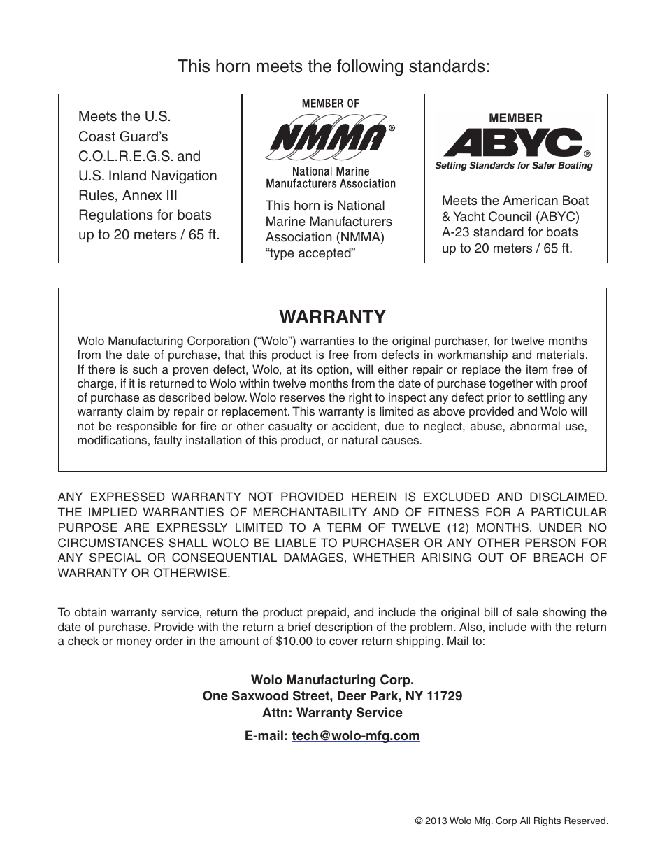 Warranty, This horn meets the following standards | Wolo 170 Ocean Alert User Manual | Page 4 / 4