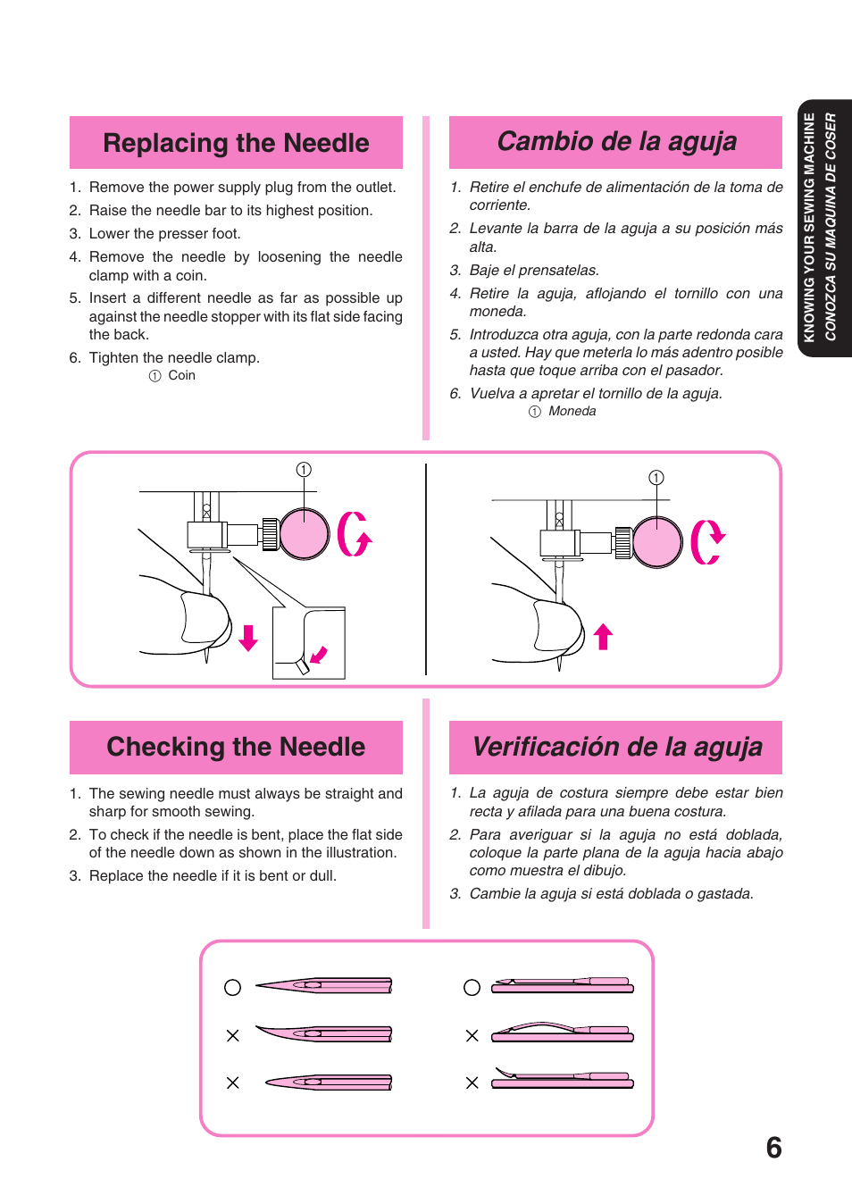 Cambio de la aguja, Verificación de la aguja, Replacing the needle | Checking the needle | Brother XL 3010 User Manual | Page 11 / 59