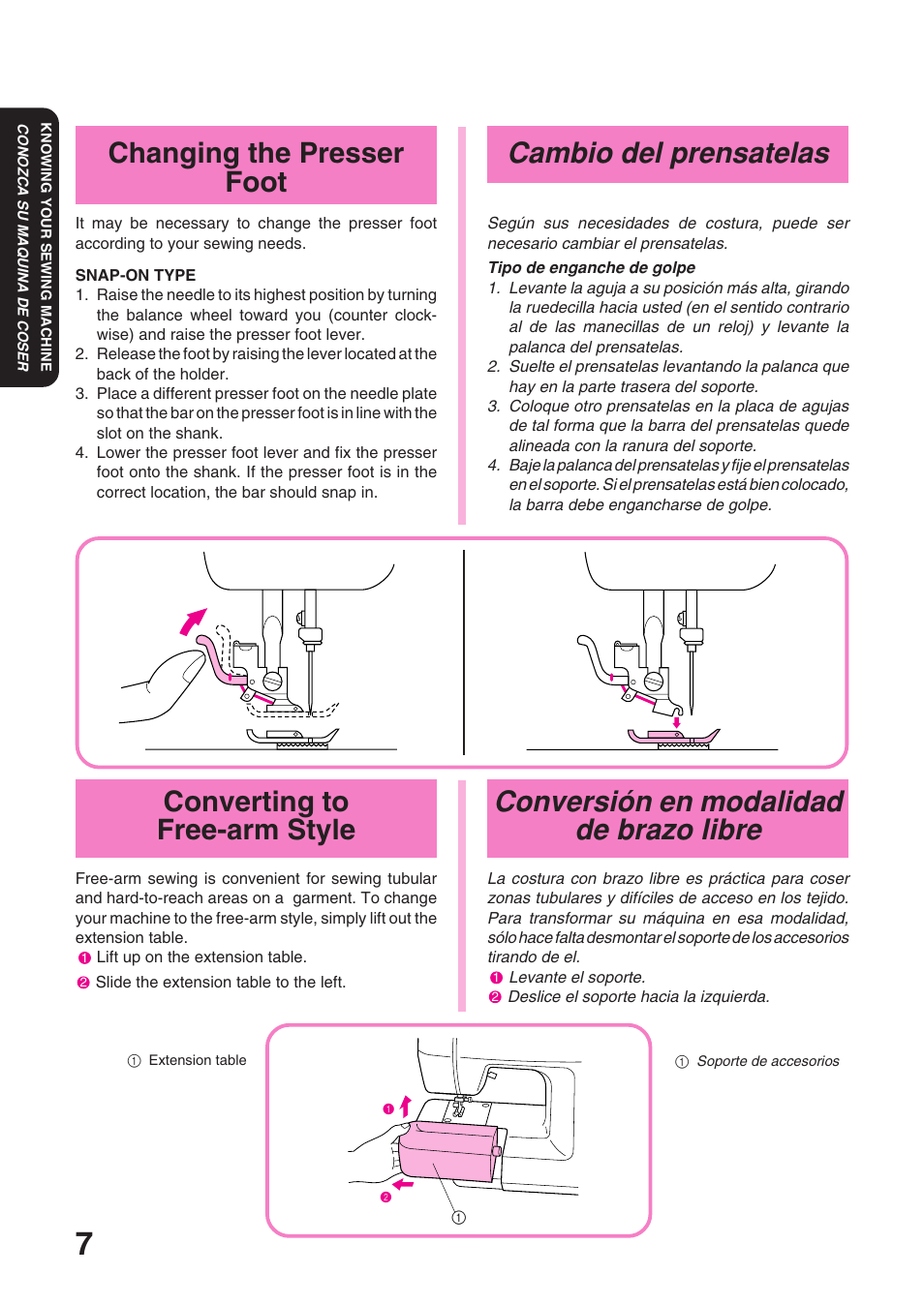 Cambio del prensatelas, Conversión en modalidad de brazo libre, Changing the presser foot | Converting to free-arm style | Brother XL 3010 User Manual | Page 12 / 59