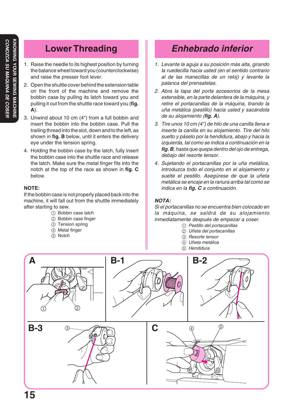 Enhebrado inferior, Lower threading, Ab-1 b-2 c b-3 | Brother XL 3010 User Manual | Page 20 / 59