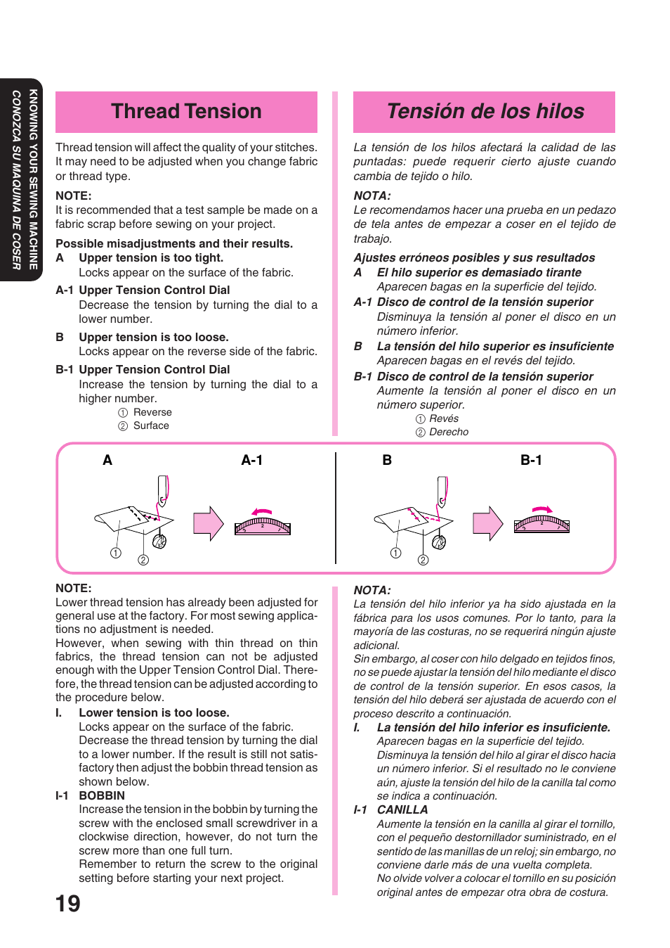 Tensión de los hilos, Thread tension, A-1 a | B-1 b | Brother XL 3010 User Manual | Page 24 / 59