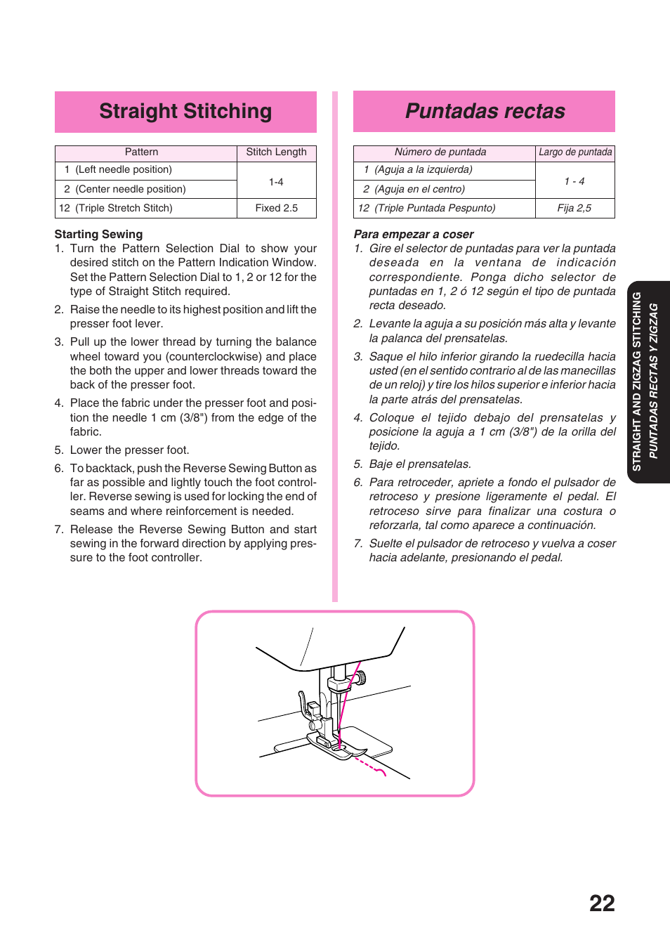 Puntadas rectas, Straight stitching | Brother XL 3010 User Manual | Page 27 / 59