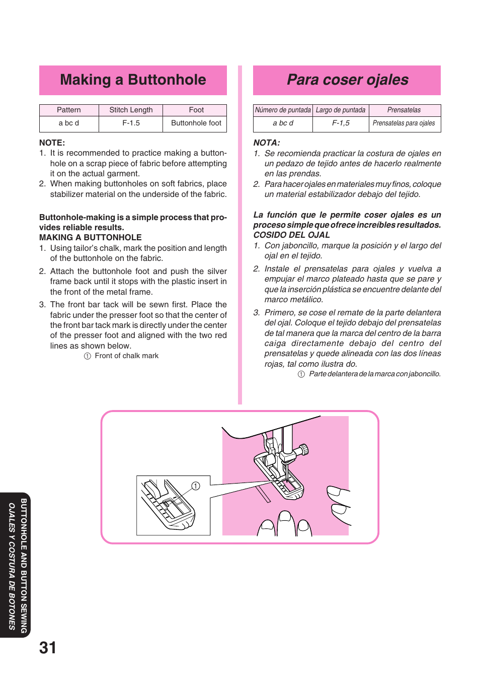 Para coser ojales, Making a buttonhole | Brother XL 3010 User Manual | Page 36 / 59