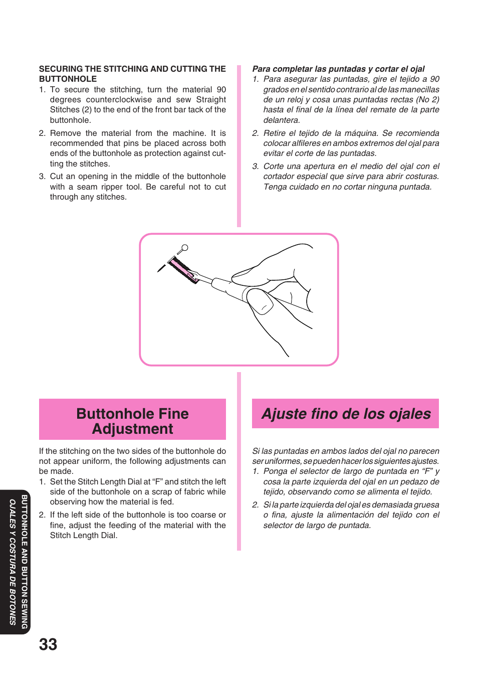Ajuste fino de los ojales, Buttonhole fine adjustment | Brother XL 3010 User Manual | Page 38 / 59