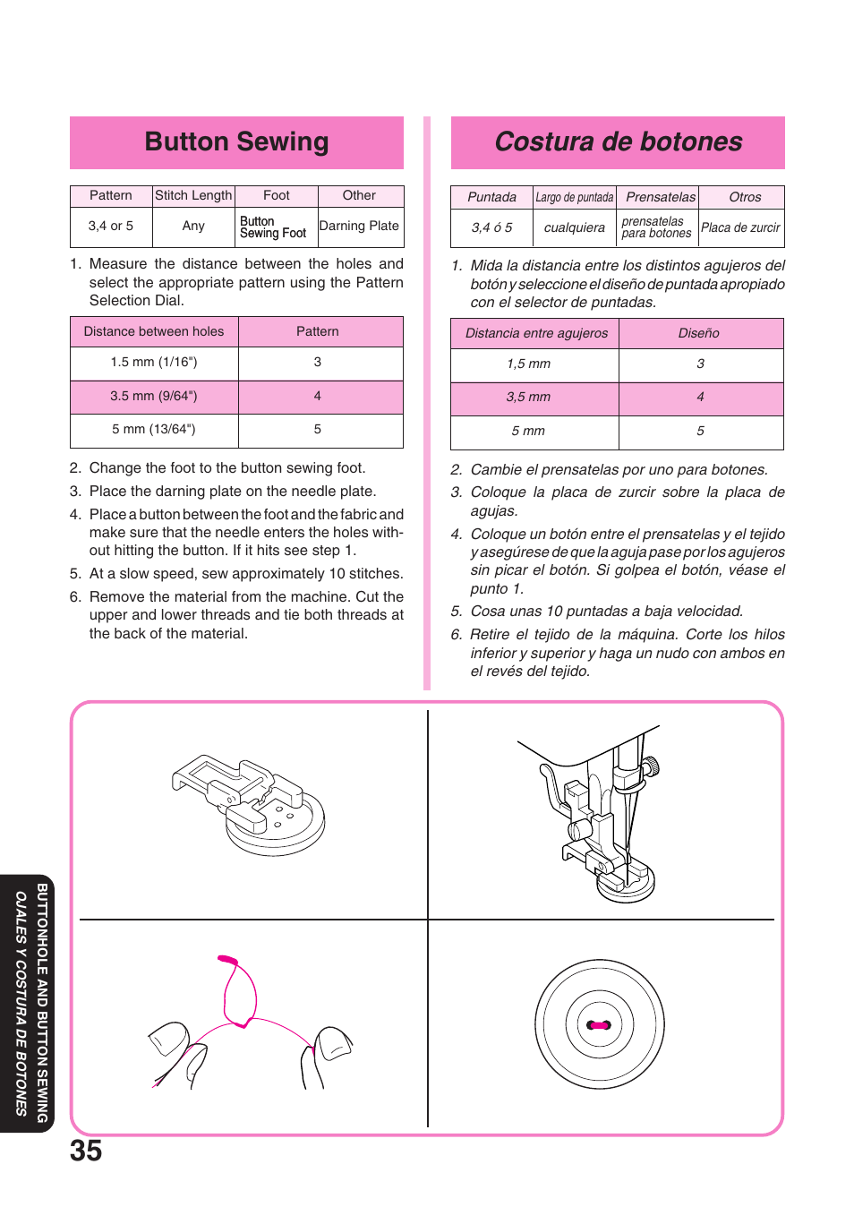 Costura de botones, Button sewing | Brother XL 3010 User Manual | Page 40 / 59