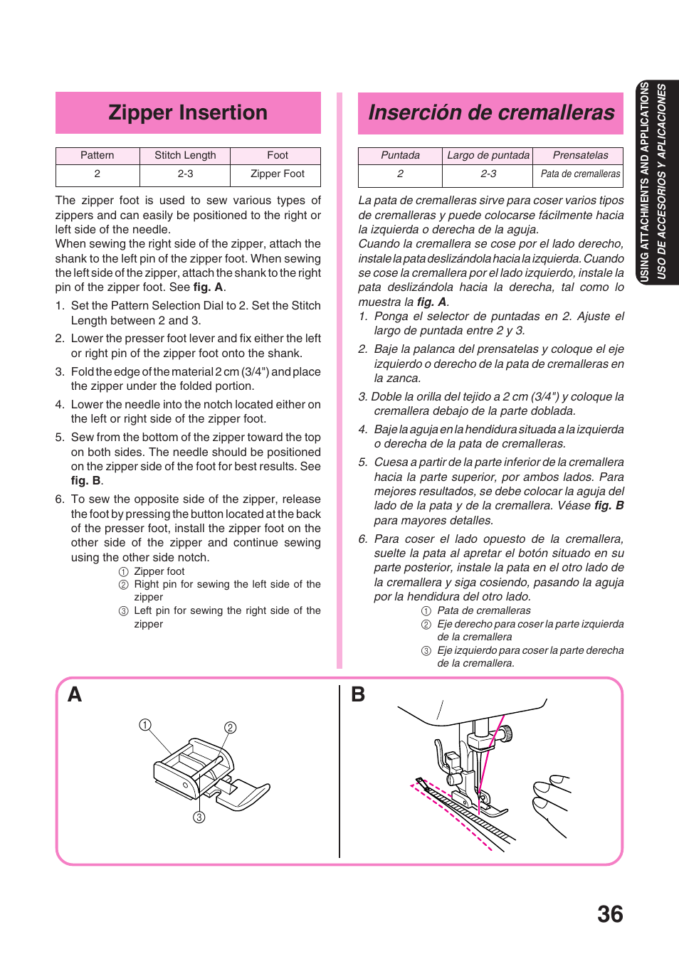 Inserción de cremalleras, Zipper insertion | Brother XL 3010 User Manual | Page 41 / 59