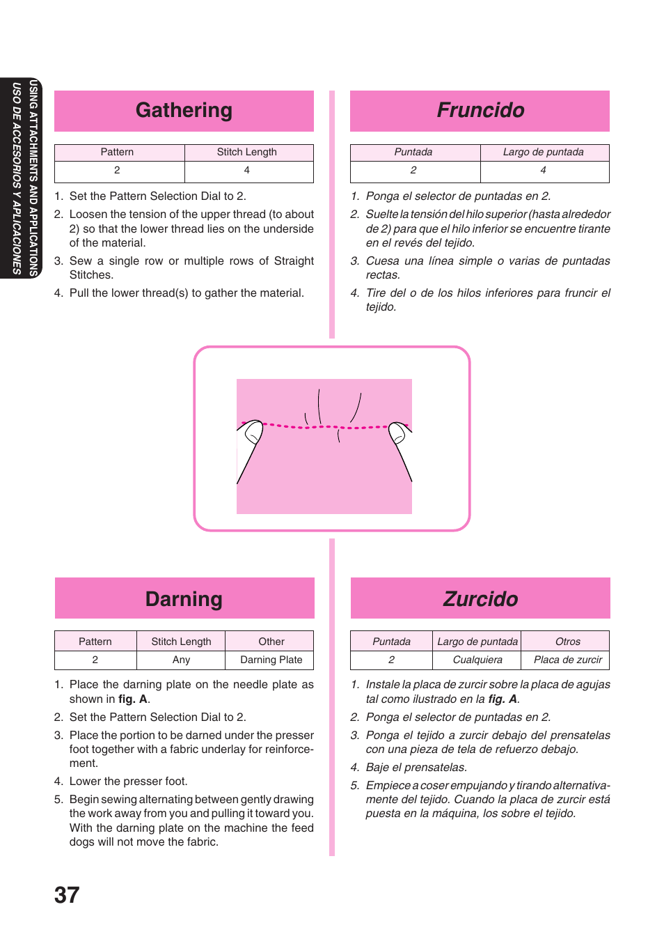 Fruncido, Zurcido, Gathering | Darning | Brother XL 3010 User Manual | Page 42 / 59