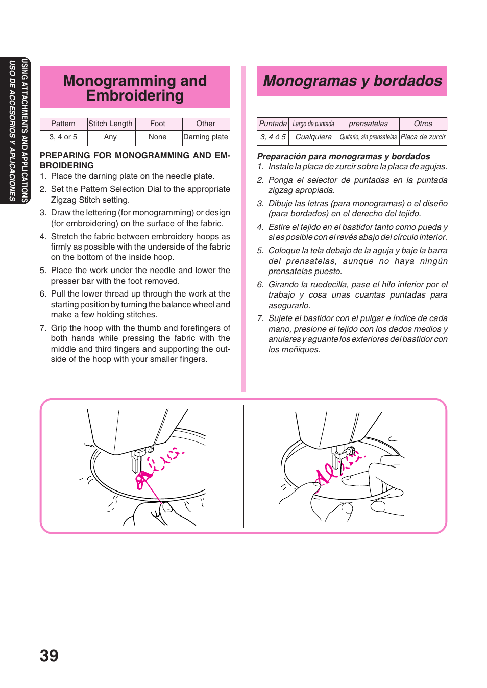 Monogramas y bordados, Monogramming and embroidering | Brother XL 3010 User Manual | Page 44 / 59