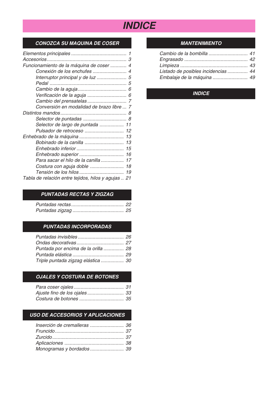 Indice | Brother XL 3010 User Manual | Page 5 / 59