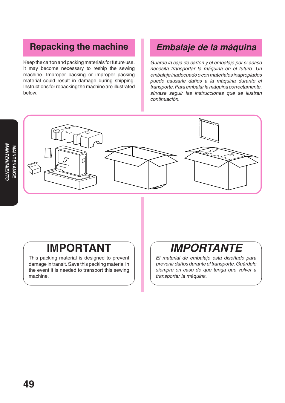 Importante, Important, Embalaje de la máquina | Repacking the machine | Brother XL 3010 User Manual | Page 54 / 59