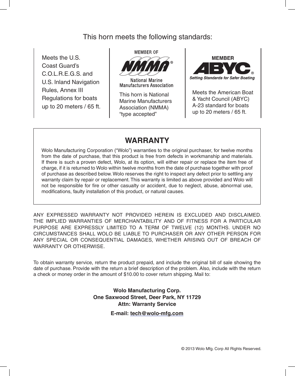 Warranty, This horn meets the following standards | Wolo 135 Sea Safe User Manual | Page 4 / 4