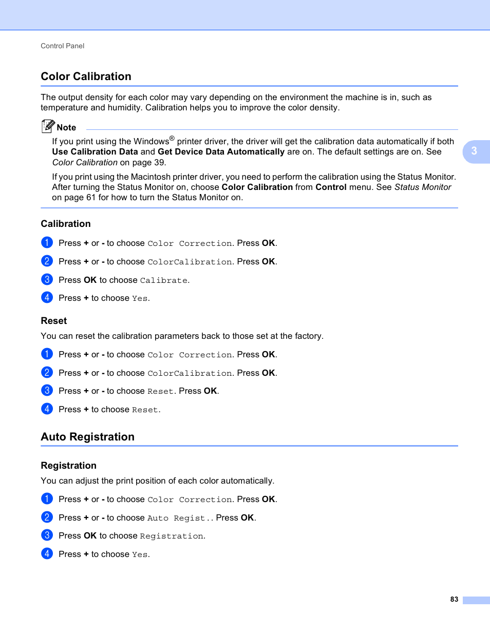 Color calibration, Calibration, Reset | Auto registration, Registration, Color calibration auto registration, 3color calibration | Brother 4570CDW User Manual | Page 106 / 217