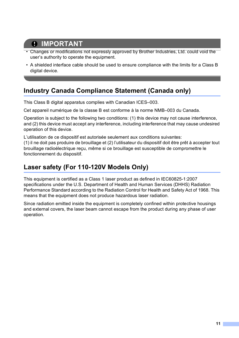 Industry canada compliance statement (canada only), Laser safety (for 110-120v models only), Important | Brother 4570CDW User Manual | Page 12 / 217