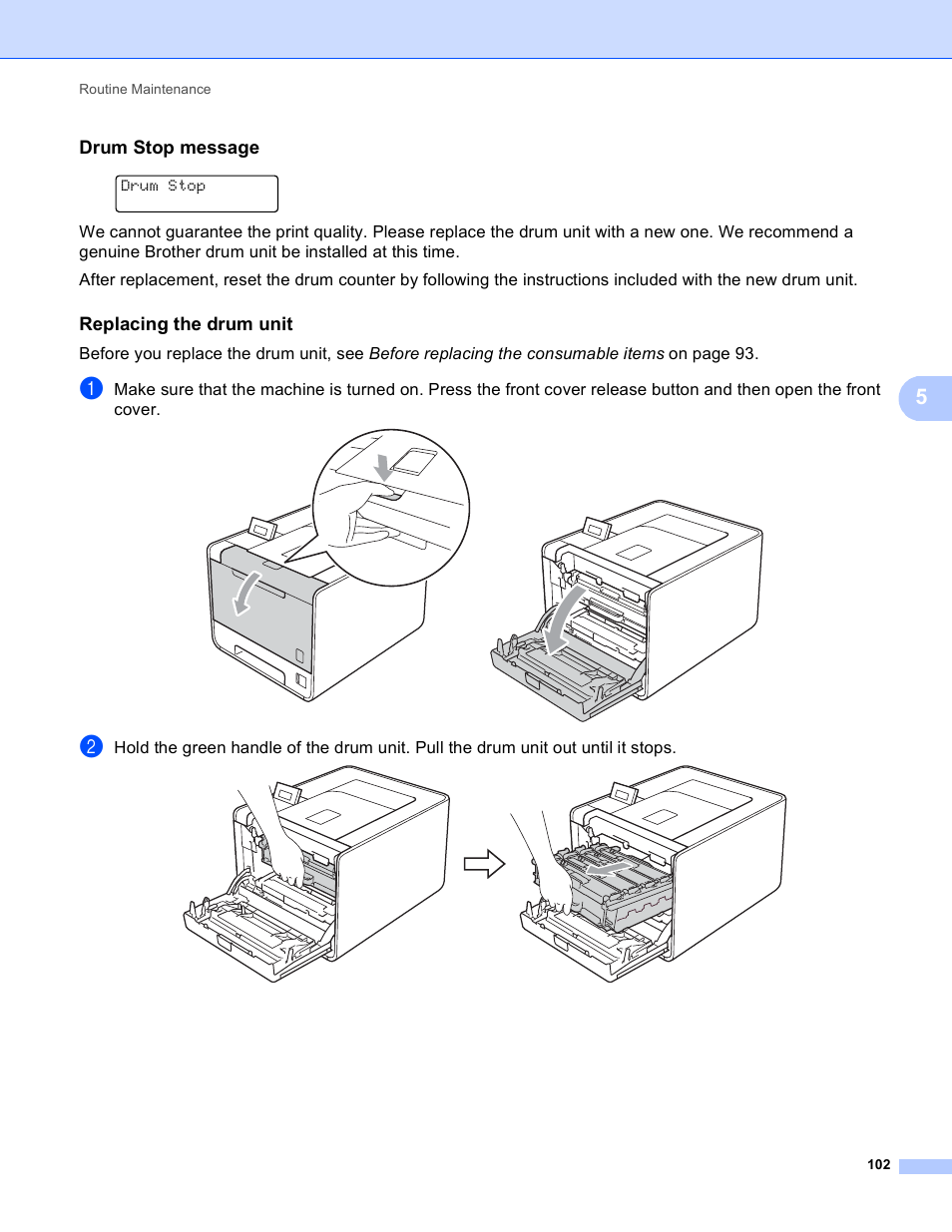 Drum stop message, Replacing the drum unit | Brother 4570CDW User Manual | Page 125 / 217