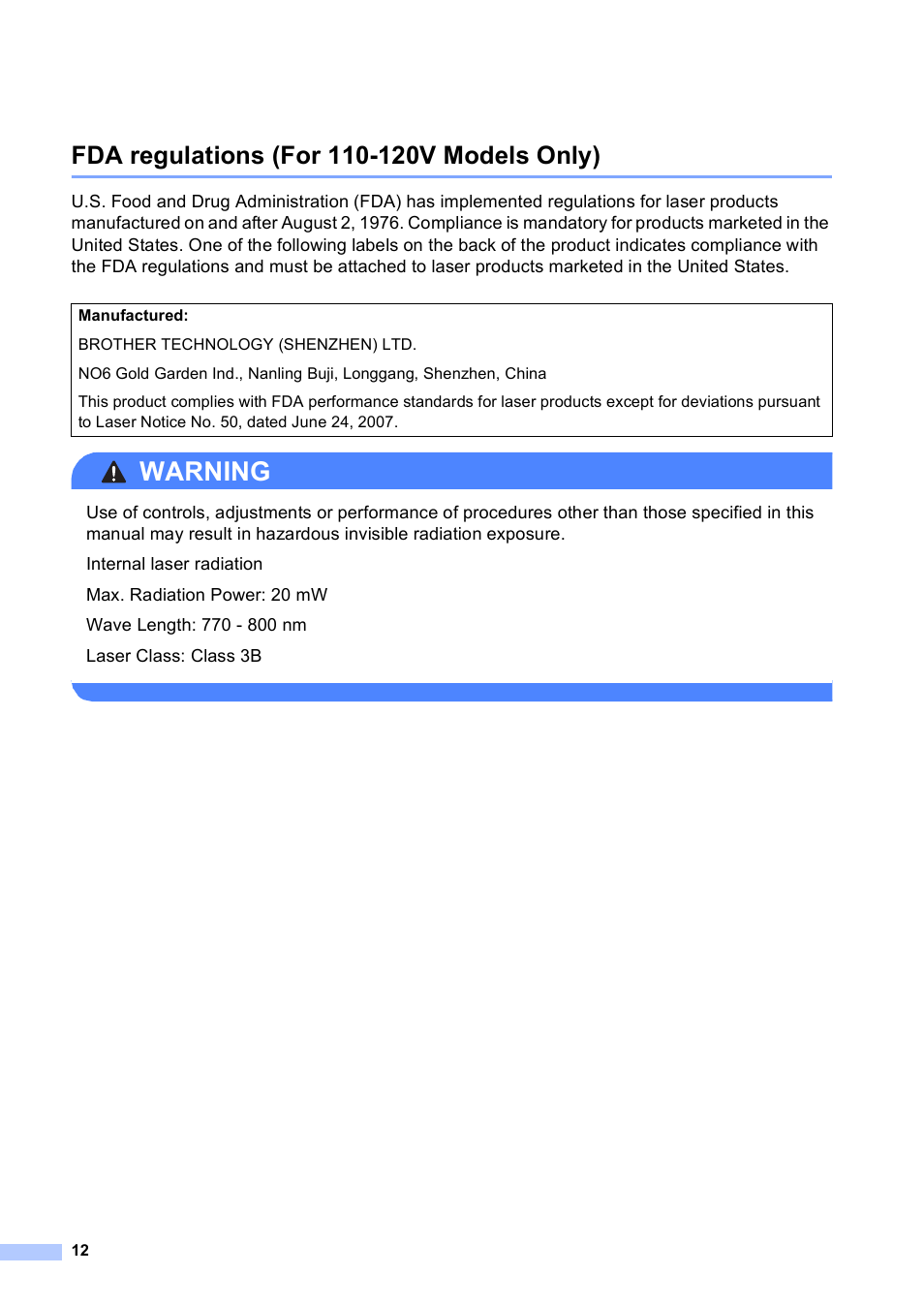 Fda regulations (for 110-120v models only), Warning | Brother 4570CDW User Manual | Page 13 / 217