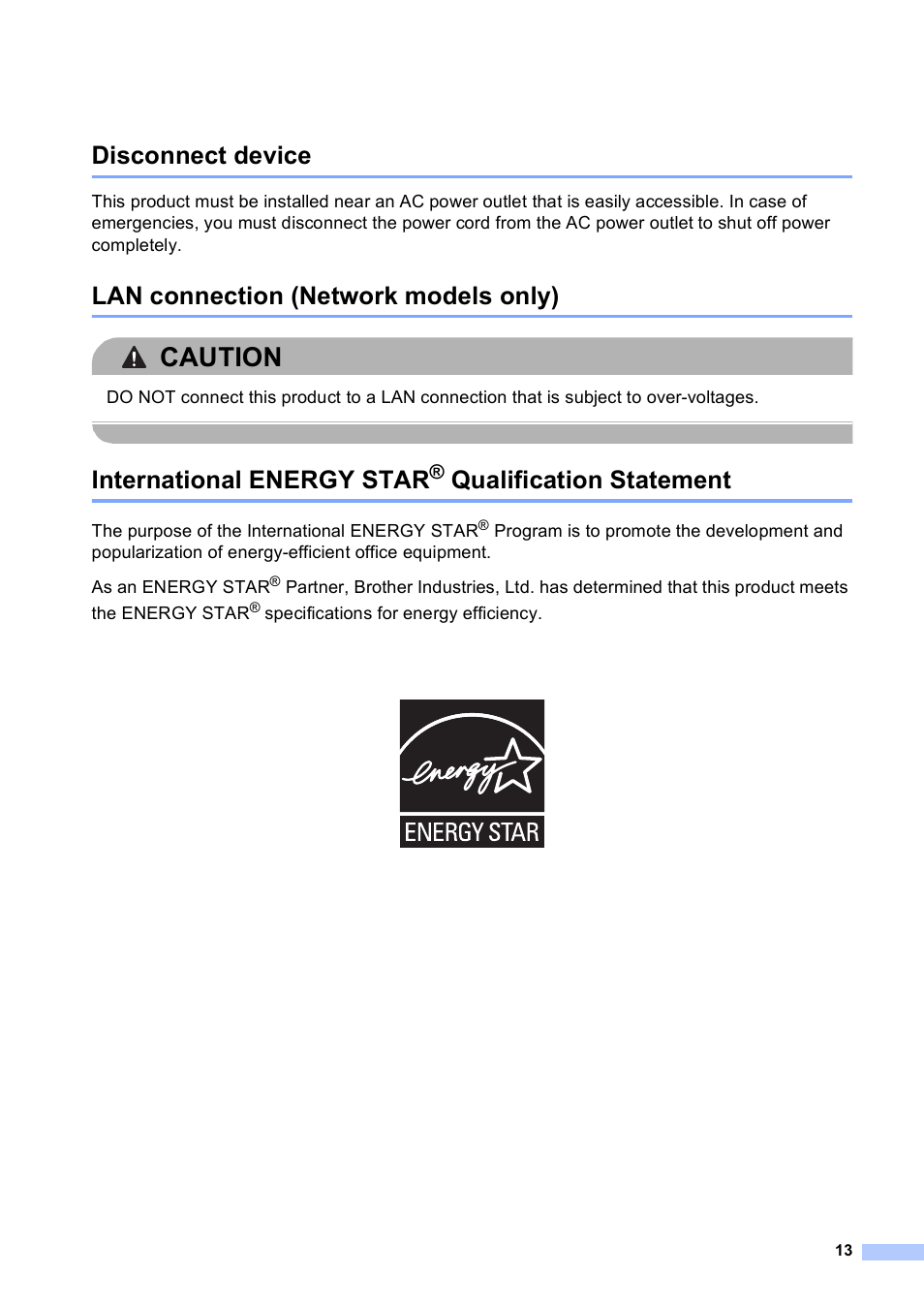 Disconnect device, Lan connection (network models only), International energy star® qualification statement | Caution, International energy star, Qualification statement | Brother 4570CDW User Manual | Page 14 / 217