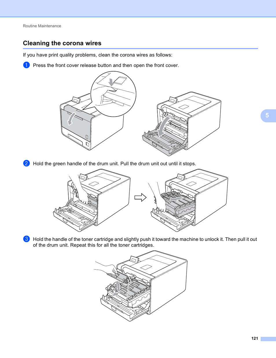 Cleaning the corona wires, 5cleaning the corona wires | Brother 4570CDW User Manual | Page 144 / 217