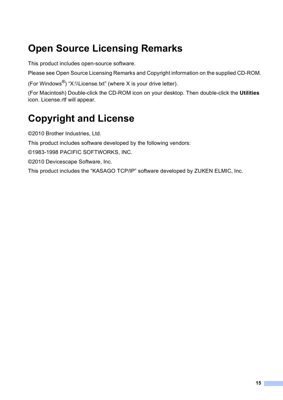 Open source licensing remarks, Copyright and license | Brother 4570CDW User Manual | Page 16 / 217