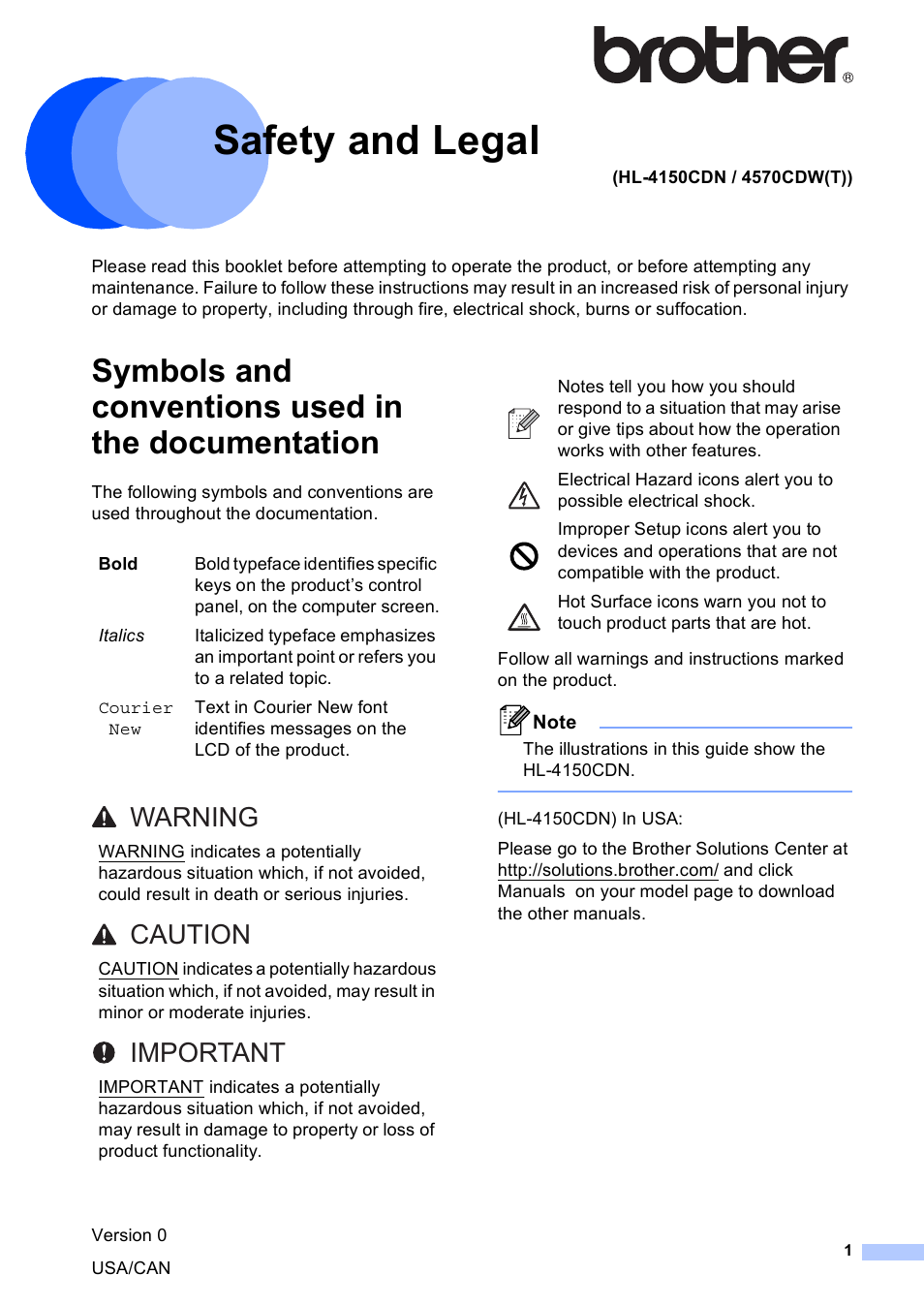 Safety and legal, Symbols and conventions used in the documentation, Warning caution important | Brother 4570CDW User Manual | Page 2 / 217