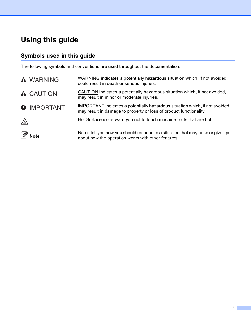 Using this guide, Symbols used in this guide, Warning caution important | Brother 4570CDW User Manual | Page 20 / 217