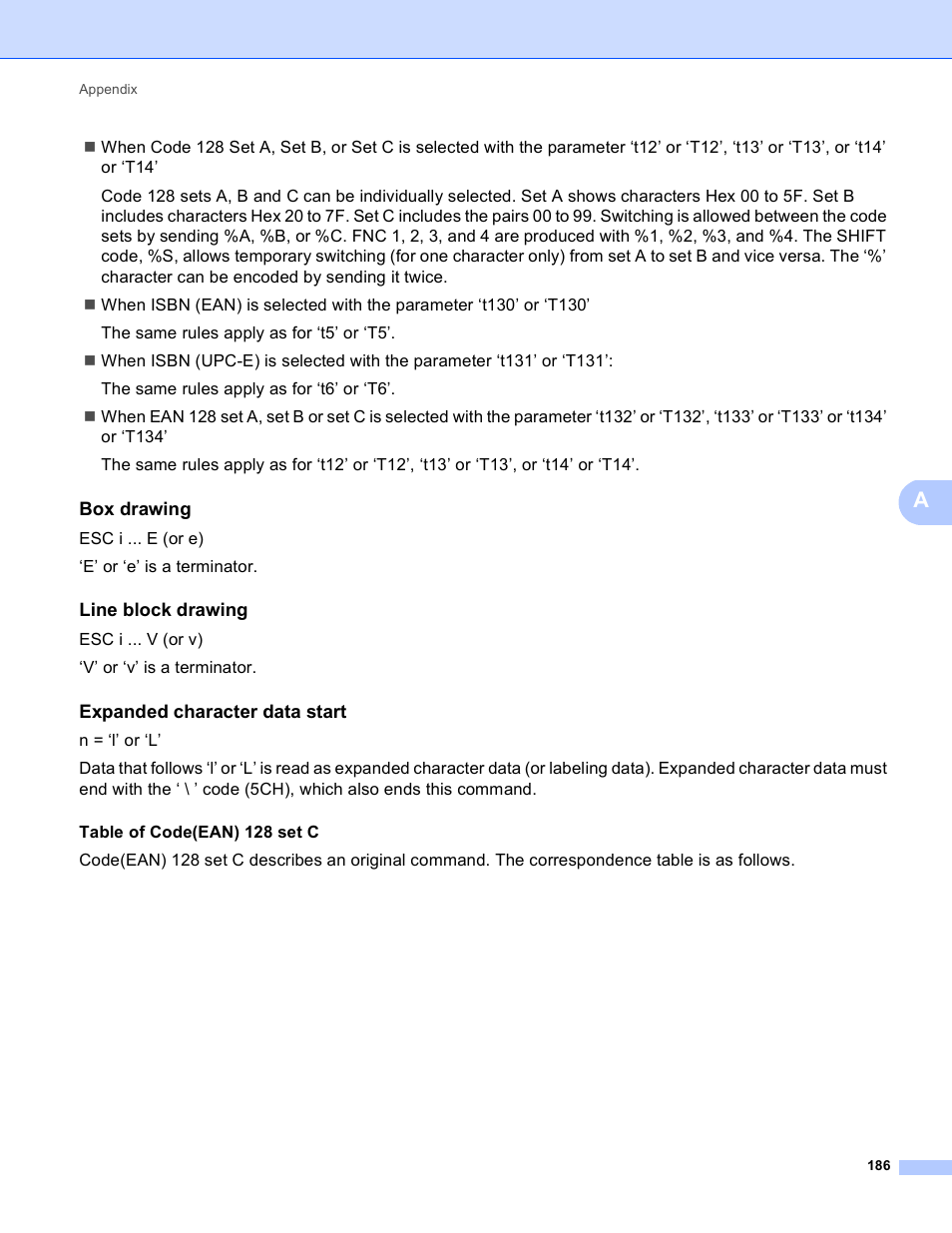 Box drawing, Line block drawing, Expanded character data start | Brother 4570CDW User Manual | Page 209 / 217