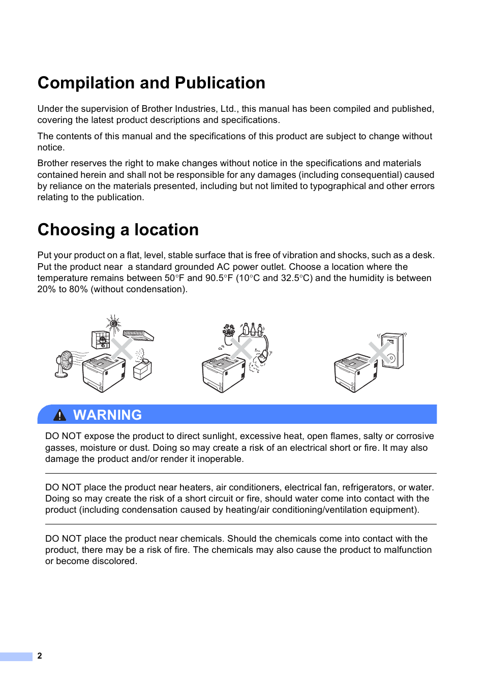 Compilation and publication, Choosing a location, Warning | Brother 4570CDW User Manual | Page 3 / 217