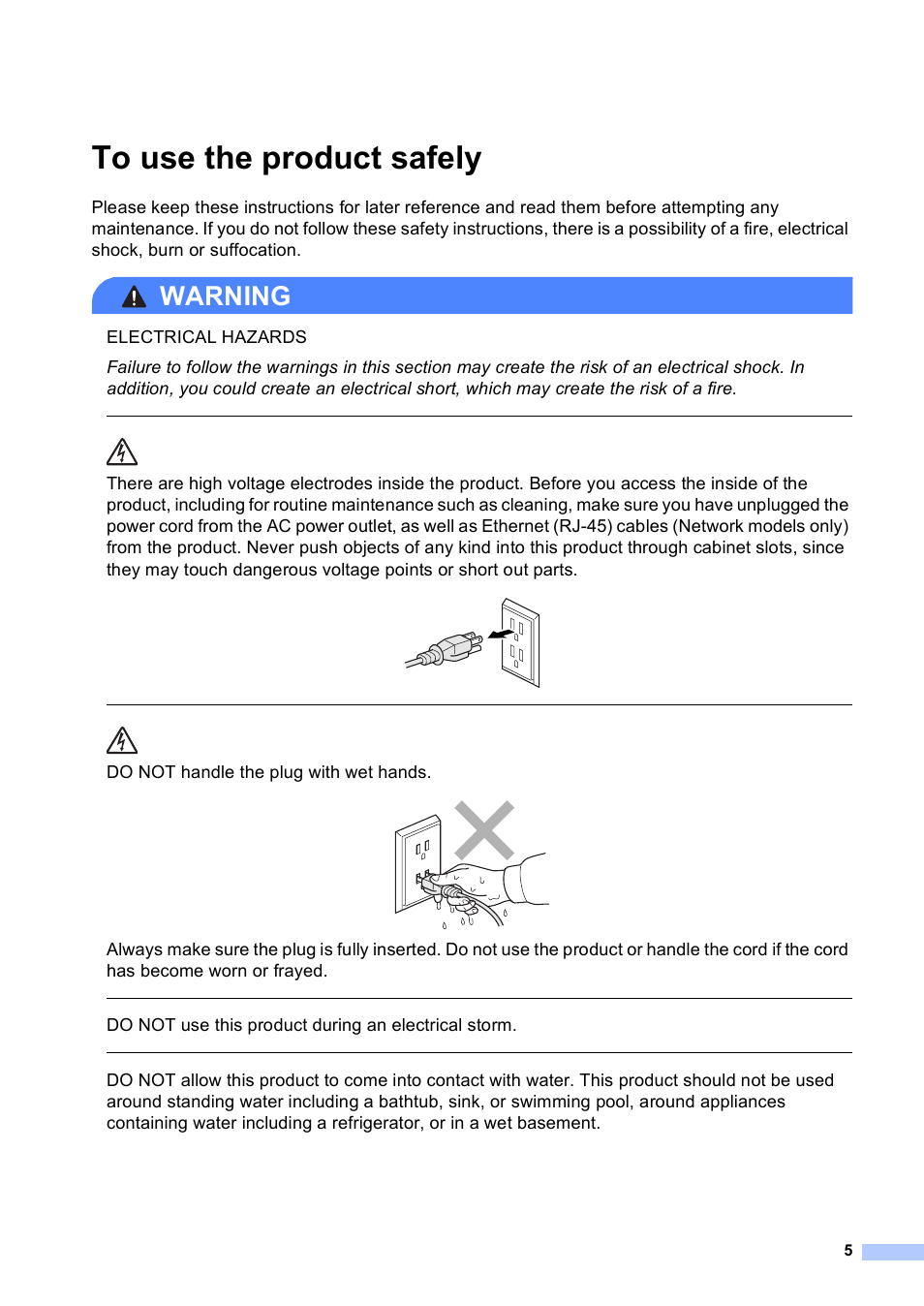 To use the product safely, Warning, Do not handle the plug with wet hands | Do not use this product during an electrical storm | Brother 4570CDW User Manual | Page 6 / 217