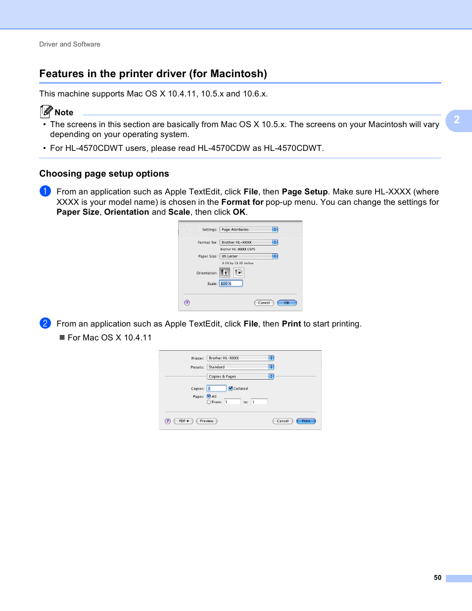 Features in the printer driver (for macintosh), 2features in the printer driver (for macintosh), Choosing page setup options | Brother 4570CDW User Manual | Page 73 / 217