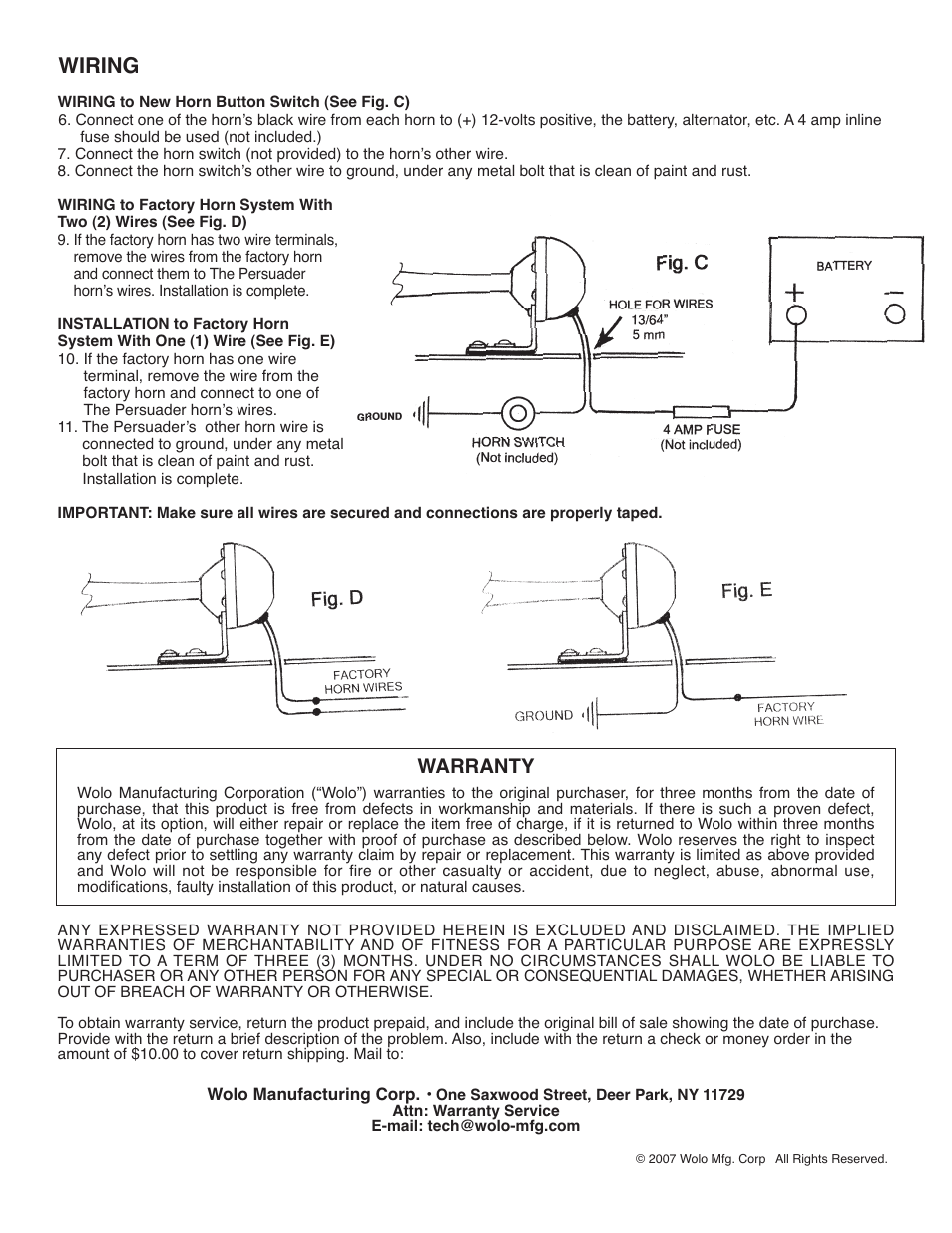 Wiring, Warranty | Wolo 110 The Persuader User Manual | Page 2 / 2