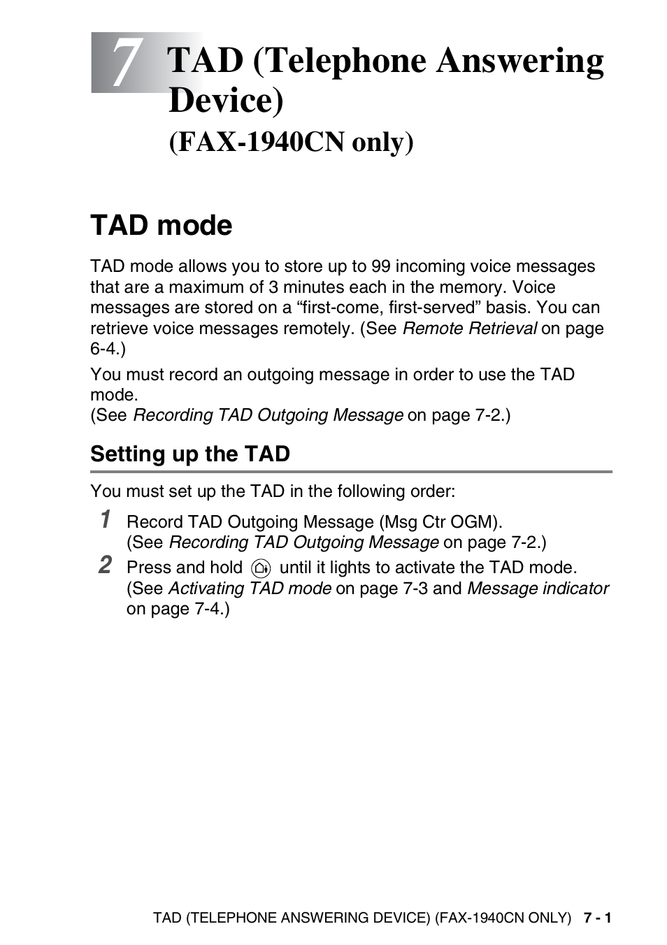 Tad mode, Setting up the tad, Tad mode -1 | Setting up the tad -1, Tad (telephone answering device), Fax-1940cn only) | Brother FAX-1840CN User Manual | Page 100 / 220