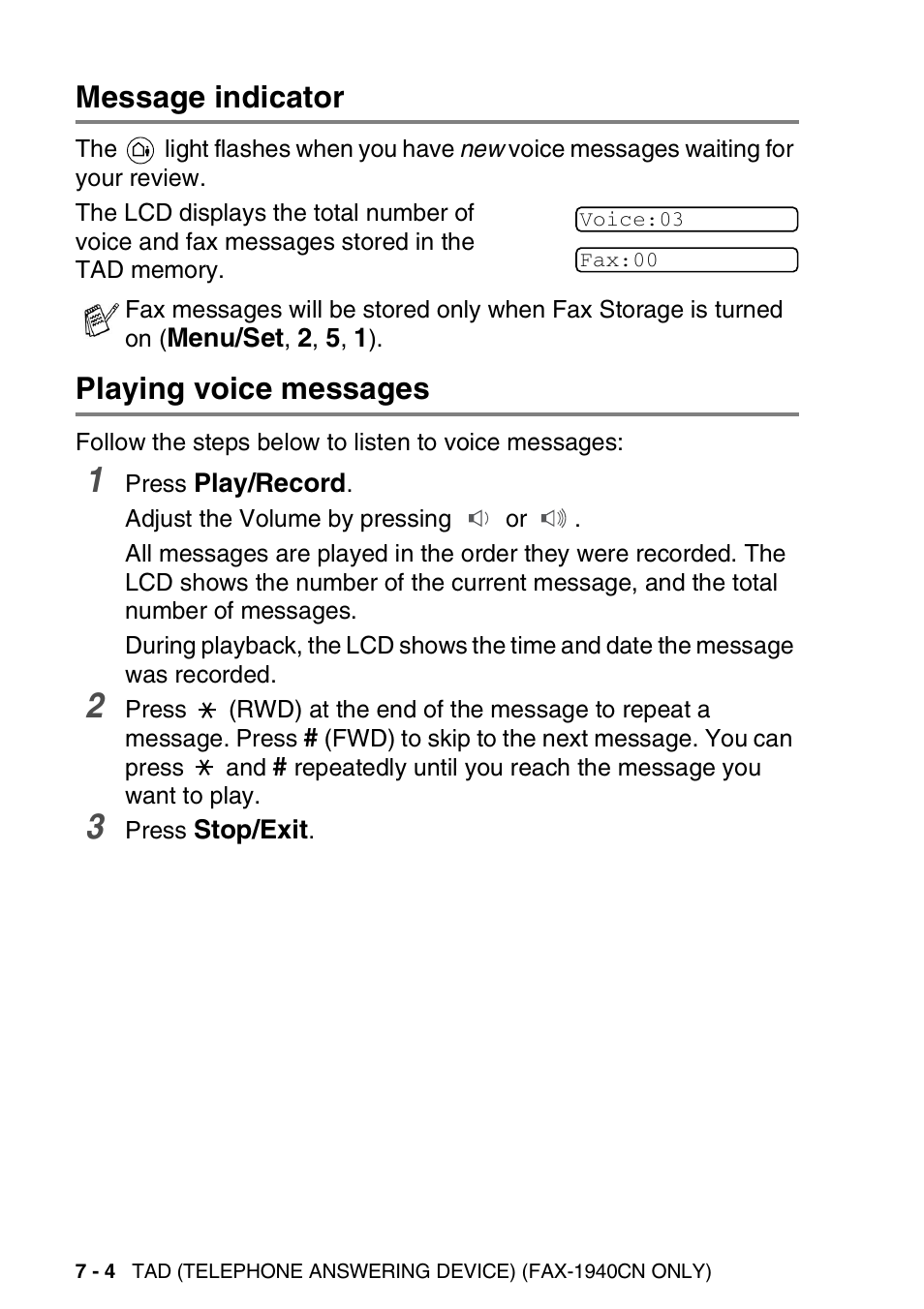 Message indicator, Playing voice messages, Message indicator -4 playing voice messages -4 | Brother FAX-1840CN User Manual | Page 103 / 220