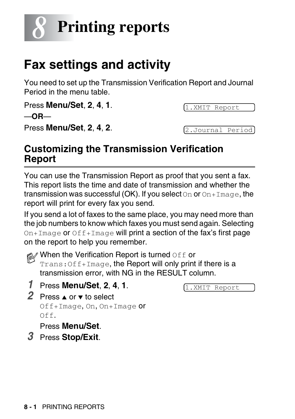 8 printing reports, Fax settings and activity, Customizing the transmission verification report | Printing reports -1, Fax settings and activity -1, Printing reports | Brother FAX-1840CN User Manual | Page 107 / 220