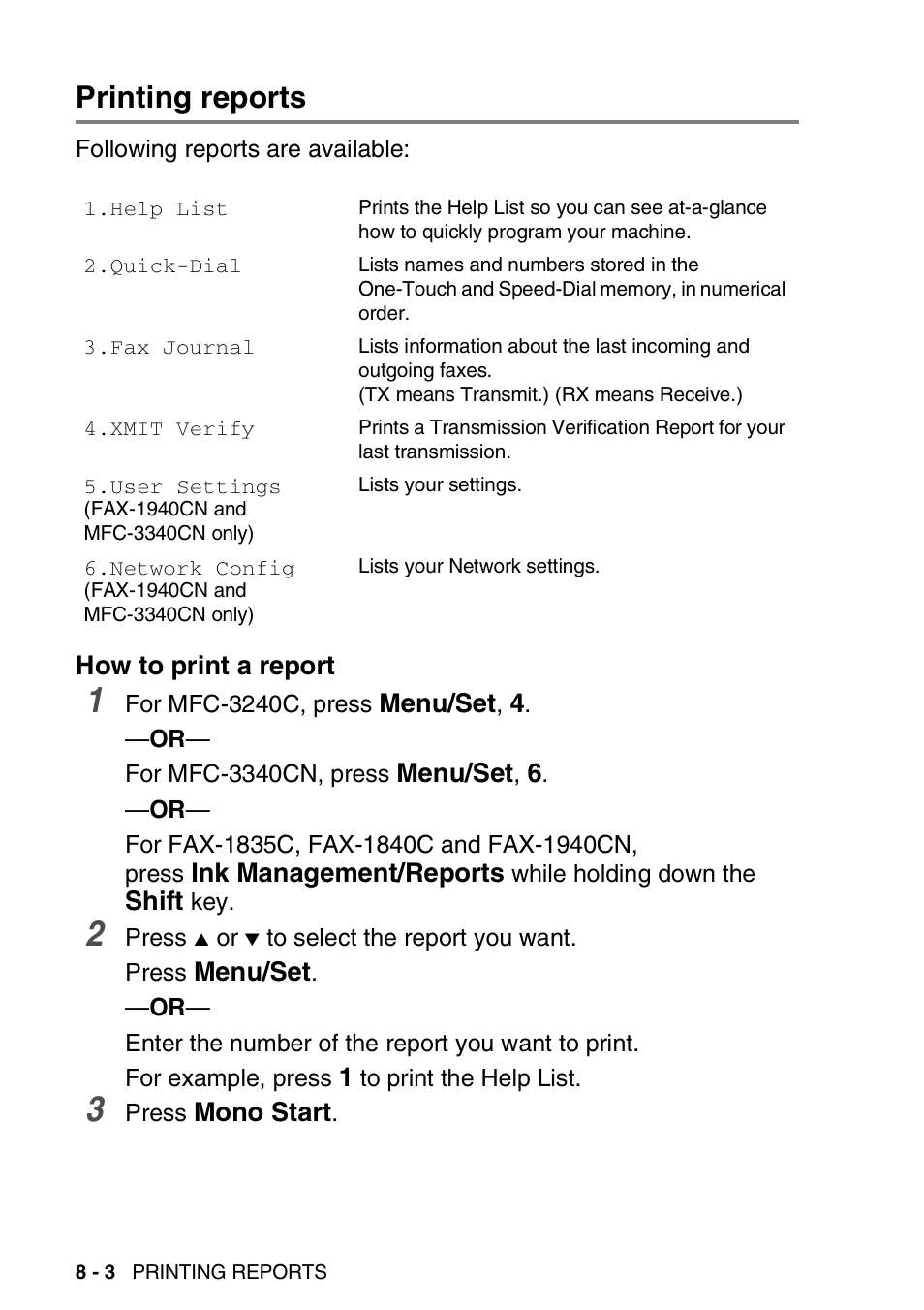 Printing reports, How to print a report, Printing reports -3 | How to print a report -3 | Brother FAX-1840CN User Manual | Page 109 / 220