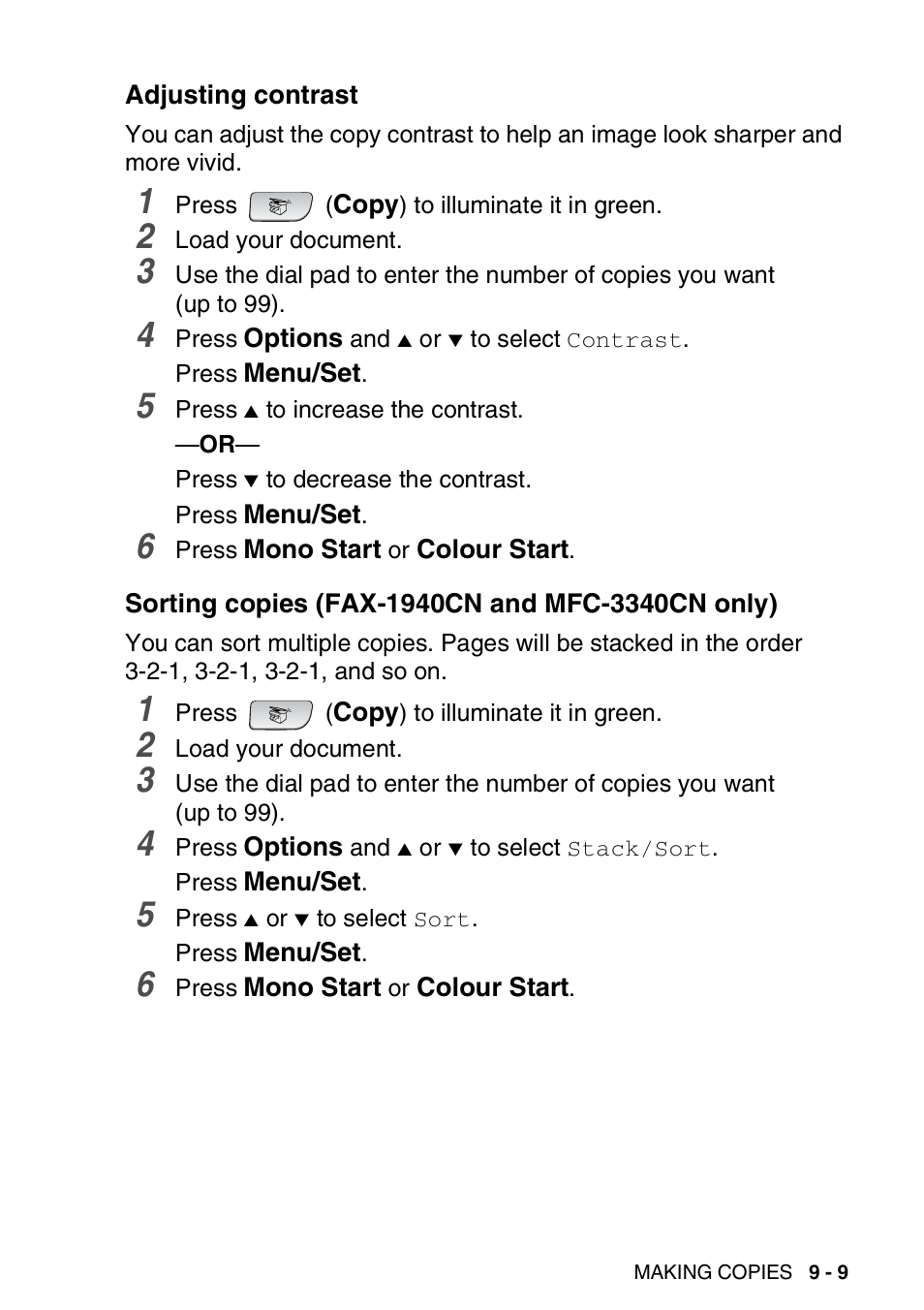 Adjusting contrast, Sorting copies (fax-1940cn and mfc-3340cn only), Adjusting contrast -9 sorting copies | Fax-1940cn and mfc-3340cn only) -9 | Brother FAX-1840CN User Manual | Page 118 / 220