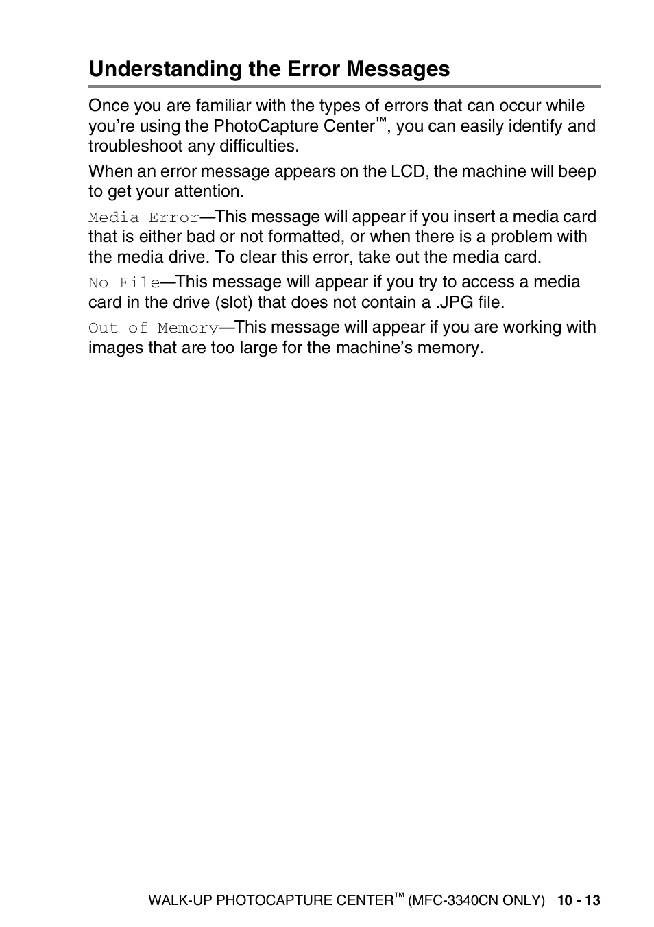 Understanding the error messages, Understanding the error messages -13 | Brother FAX-1840CN User Manual | Page 136 / 220