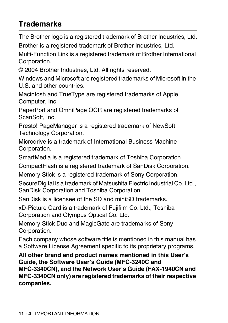 Trademarks, Trademarks -4 | Brother FAX-1840CN User Manual | Page 141 / 220
