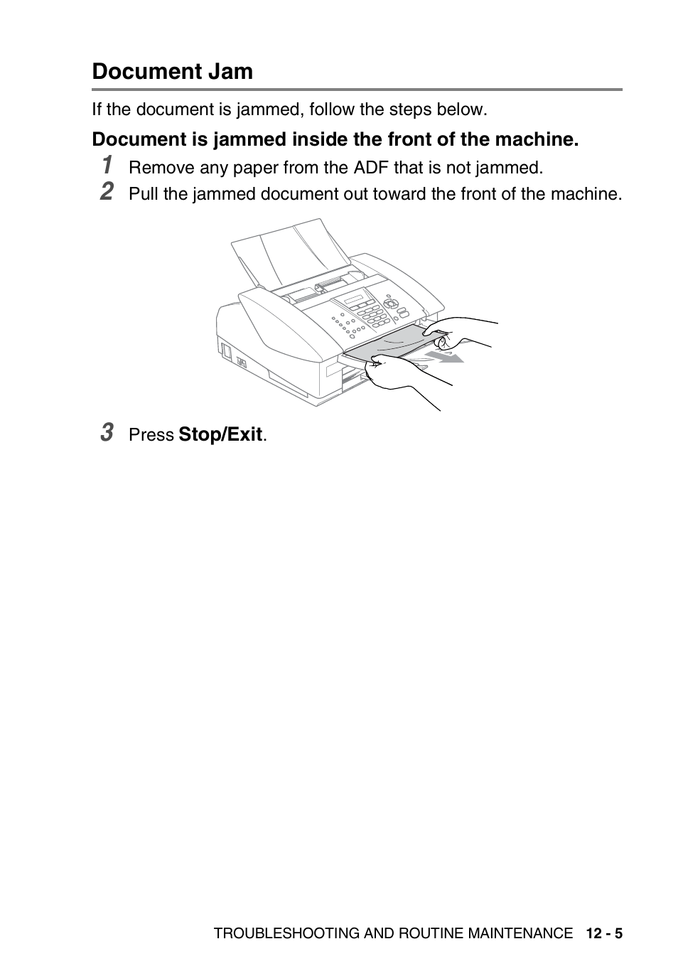 Document jam, Document is jammed inside the front of the machine, Document jam -5 | Document is jammed inside the front of, The machine -5 | Brother FAX-1840CN User Manual | Page 146 / 220