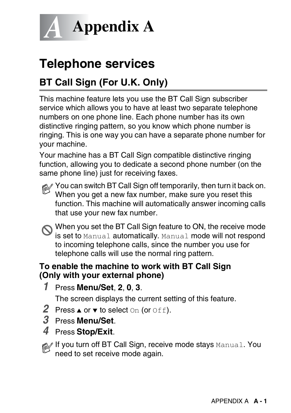 Appendix a, Telephone services, Bt call sign (for u.k. only) | To enable the machine to work with bt call sign | Brother FAX-1840CN User Manual | Page 170 / 220