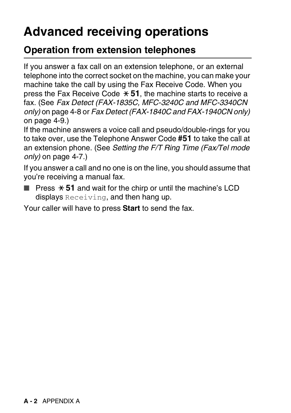 Advanced receiving operations, Operation from extension telephones | Brother FAX-1840CN User Manual | Page 171 / 220