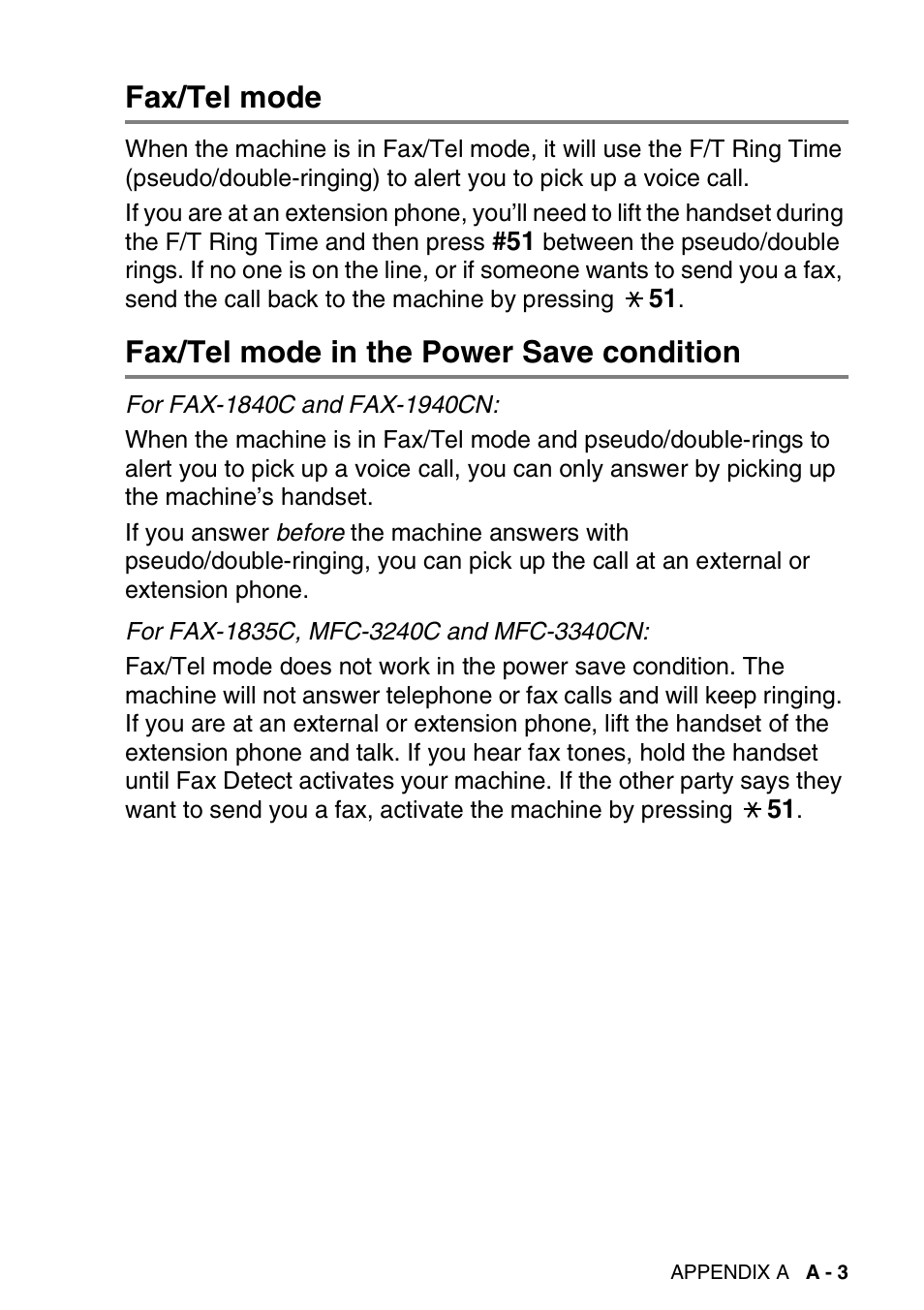 Fax/tel mode, Fax/tel mode in the power save condition | Brother FAX-1840CN User Manual | Page 172 / 220