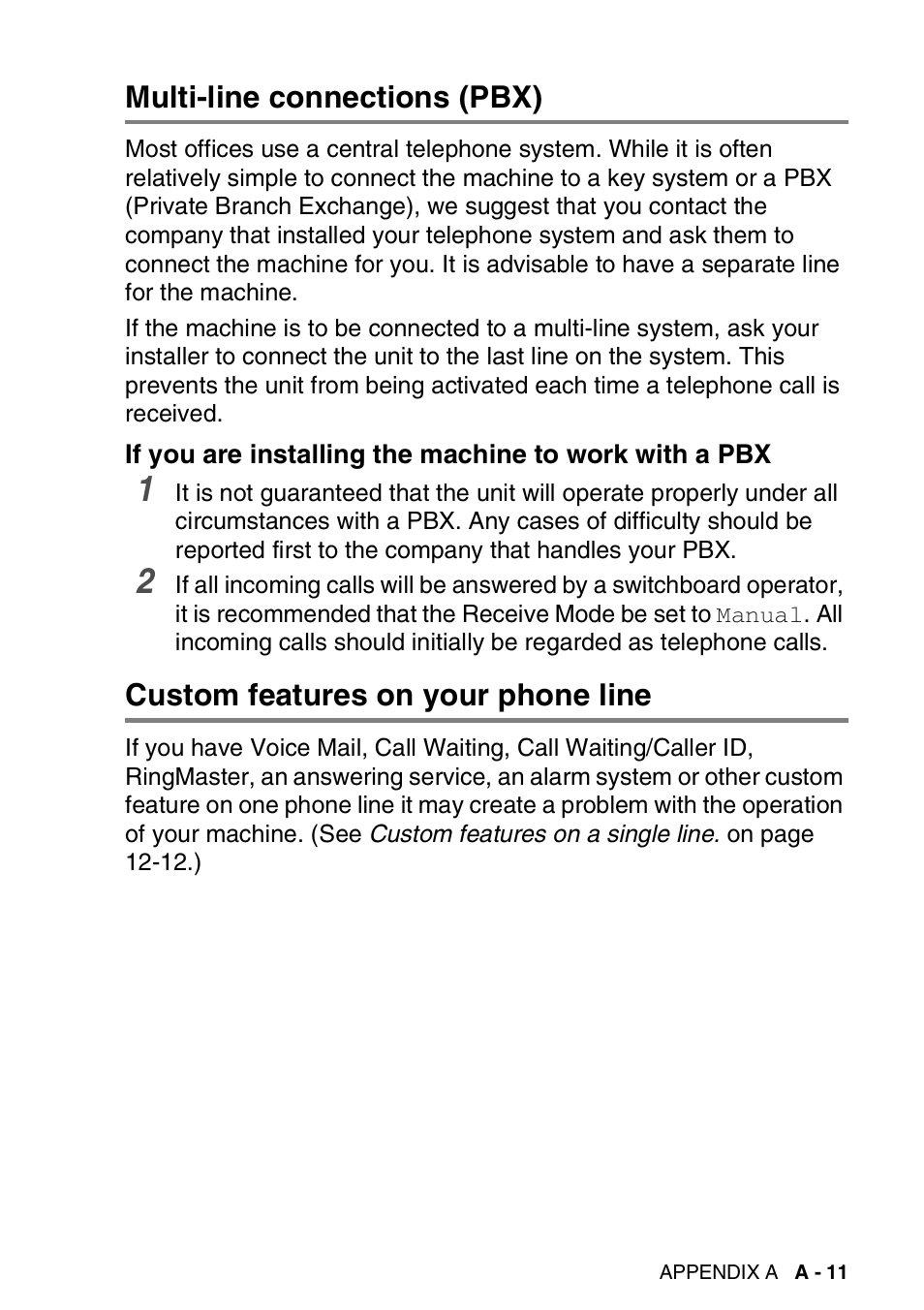 Multi-line connections (pbx), Custom features on your phone line, If you are installing the machine to work | Brother FAX-1840CN User Manual | Page 180 / 220