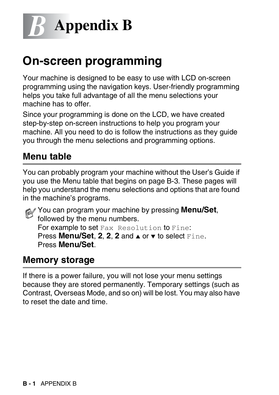Appendix b, On-screen programming, Menu table | Memory storage | Brother FAX-1840CN User Manual | Page 181 / 220