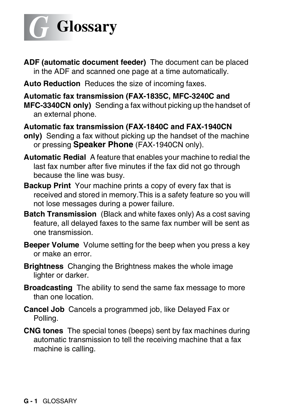 Glossary | Brother FAX-1840CN User Manual | Page 195 / 220