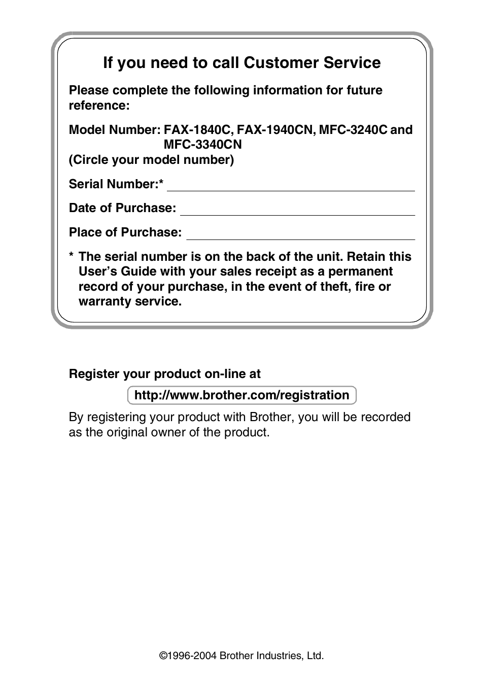 If you need to call customer service | Brother FAX-1840CN User Manual | Page 2 / 220