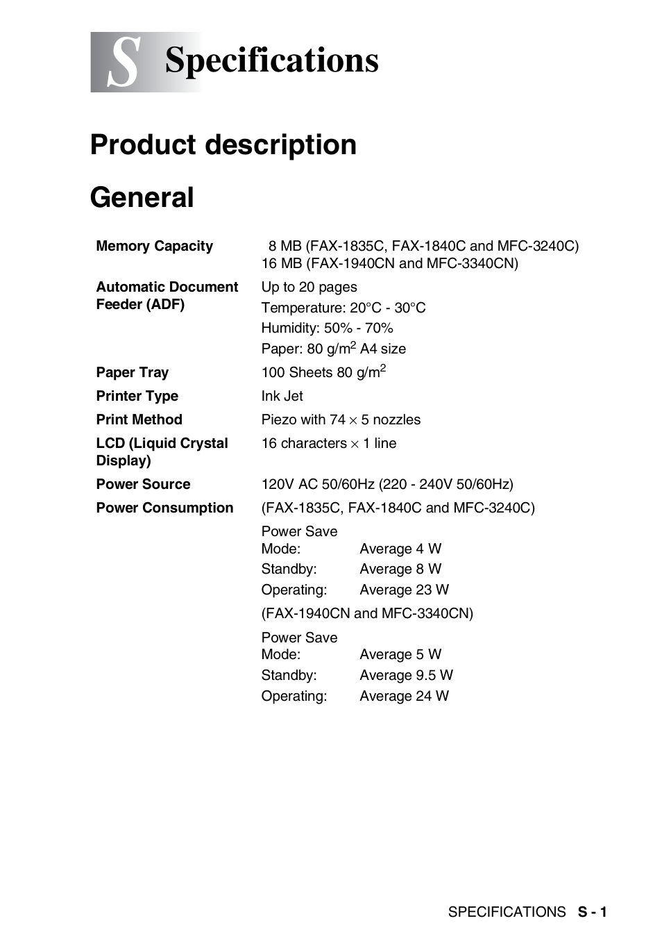 Specifications, Product description, General | Product description general | Brother FAX-1840CN User Manual | Page 200 / 220
