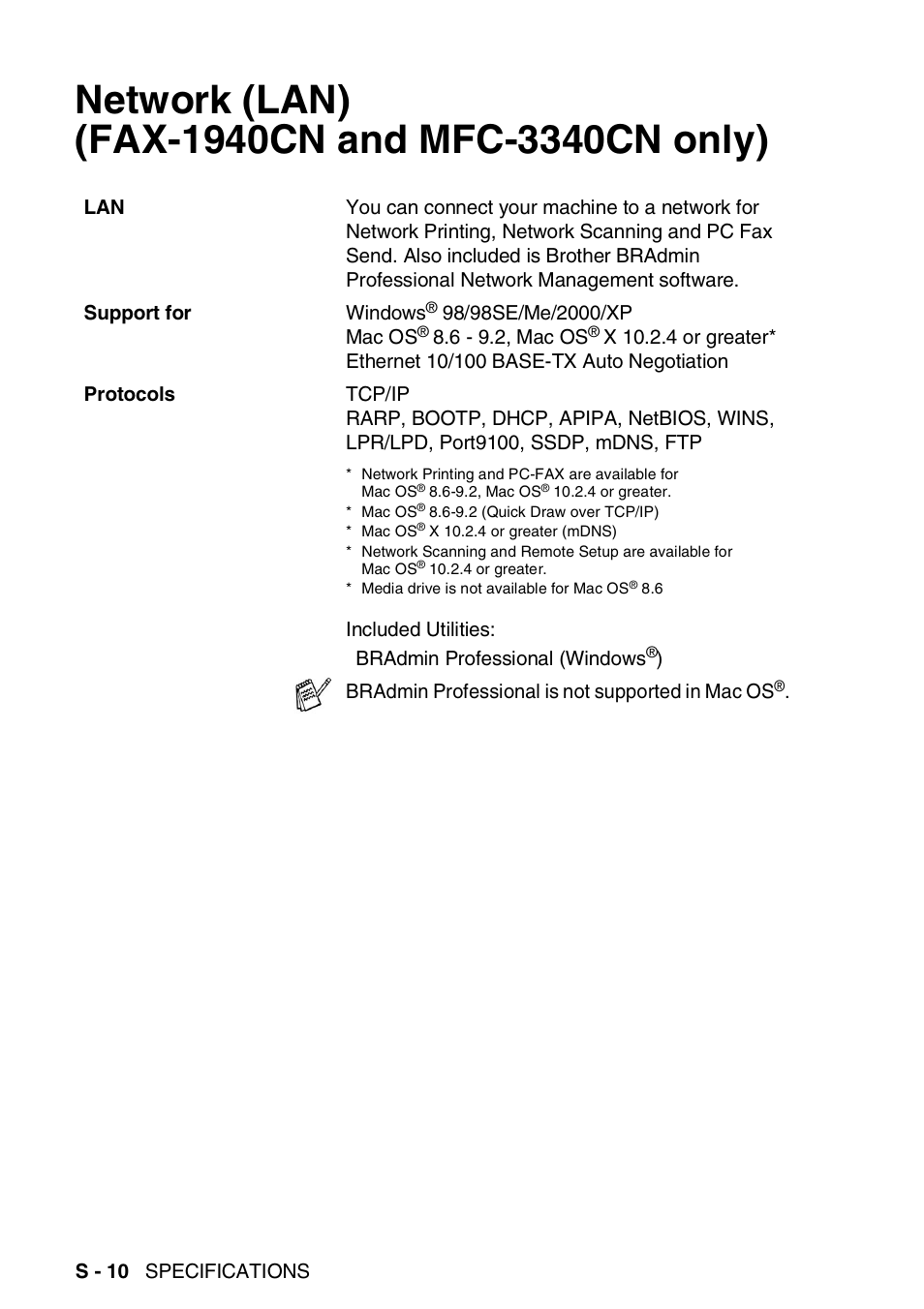 Network (lan) (fax-1940cn and mfc-3340cn only) | Brother FAX-1840CN User Manual | Page 209 / 220