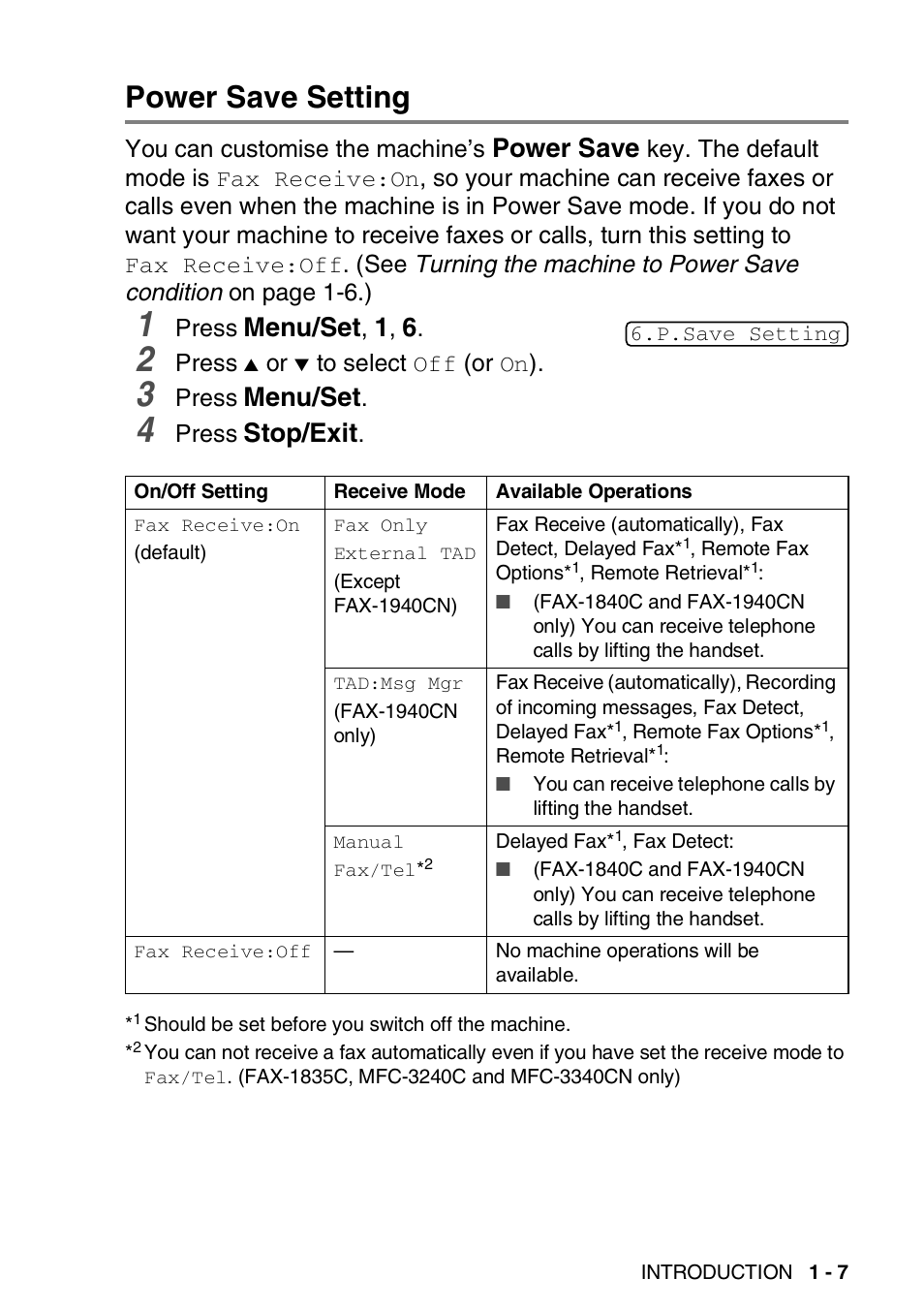 Power save setting, Power save setting -7, Power save | Menu/set, Stop/exit | Brother FAX-1840CN User Manual | Page 24 / 220