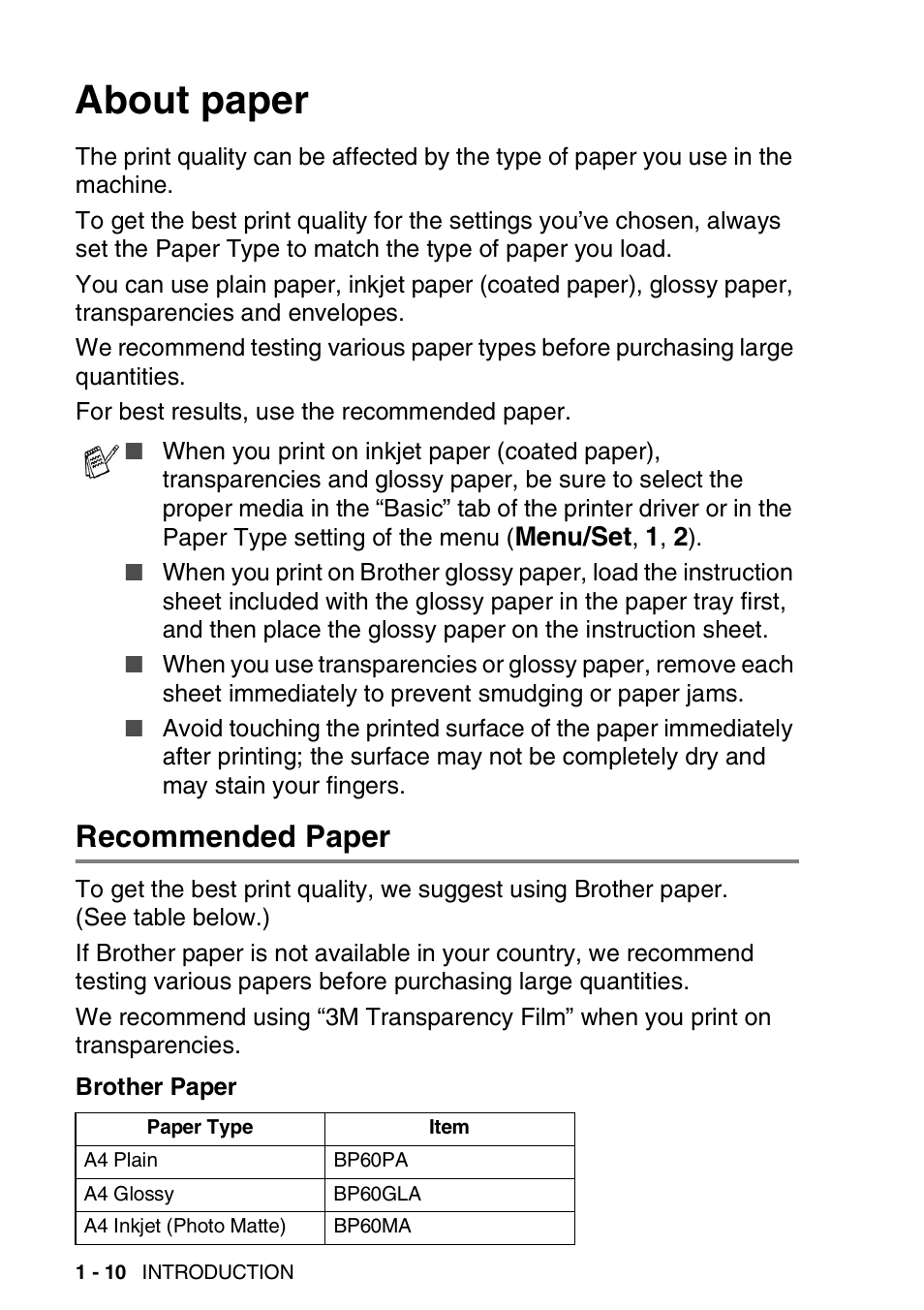 About paper, Recommended paper, About paper -10 | Recommended paper -10 | Brother FAX-1840CN User Manual | Page 27 / 220